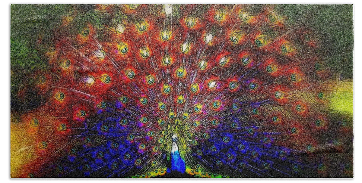 Peacock Bath Towel featuring the photograph Rainbow Peacock by Jodie Marie Anne Richardson Traugott     aka jm-ART
