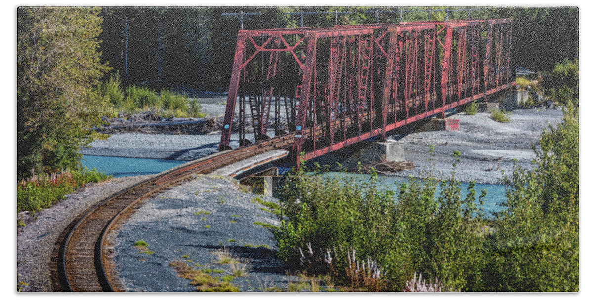 Photography Bath Towel featuring the photograph Red Rod Iron Railroad Bridge Traverses #1 by Panoramic Images