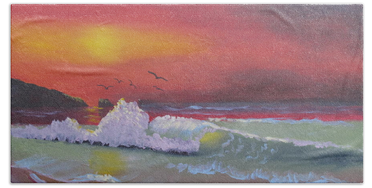 Seascape Hand Towel featuring the painting Red Sky at Night by Kathie Camara