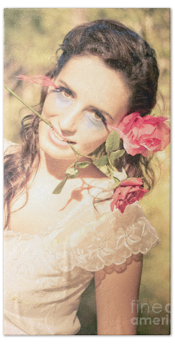 Pastel Bath Towel featuring the photograph Romantic Rose Woman by Jorgo Photography