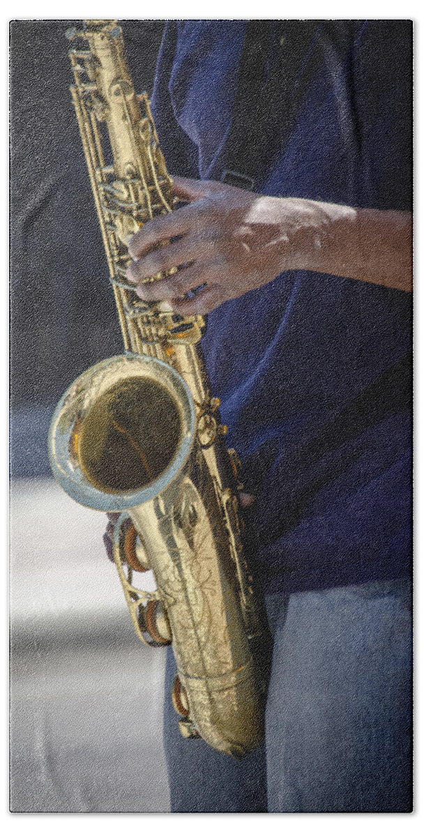 Saxophone Bath Towel featuring the photograph Saxophone Player on Street #2 by Carolyn Marshall