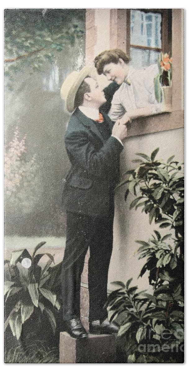 Post Bath Towel featuring the photograph Secret romance. Vintage postcard 1907 by Patricia Hofmeester