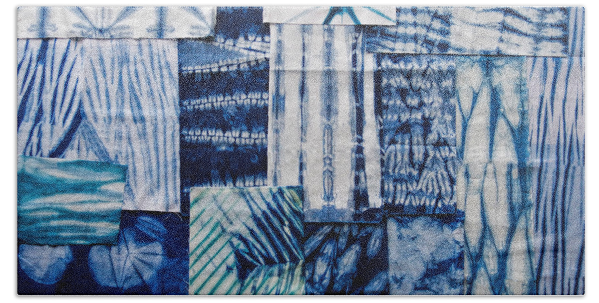 Aimee Stewart Bath Towel featuring the painting Shibori Patchwork Indigo #1 by MGL Meiklejohn Graphics Licensing