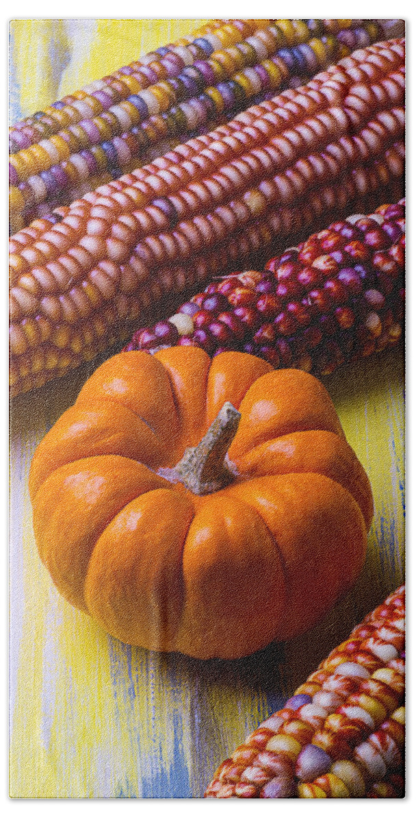 Indian Bath Towel featuring the photograph Small pumpkin and Indian corn #2 by Garry Gay