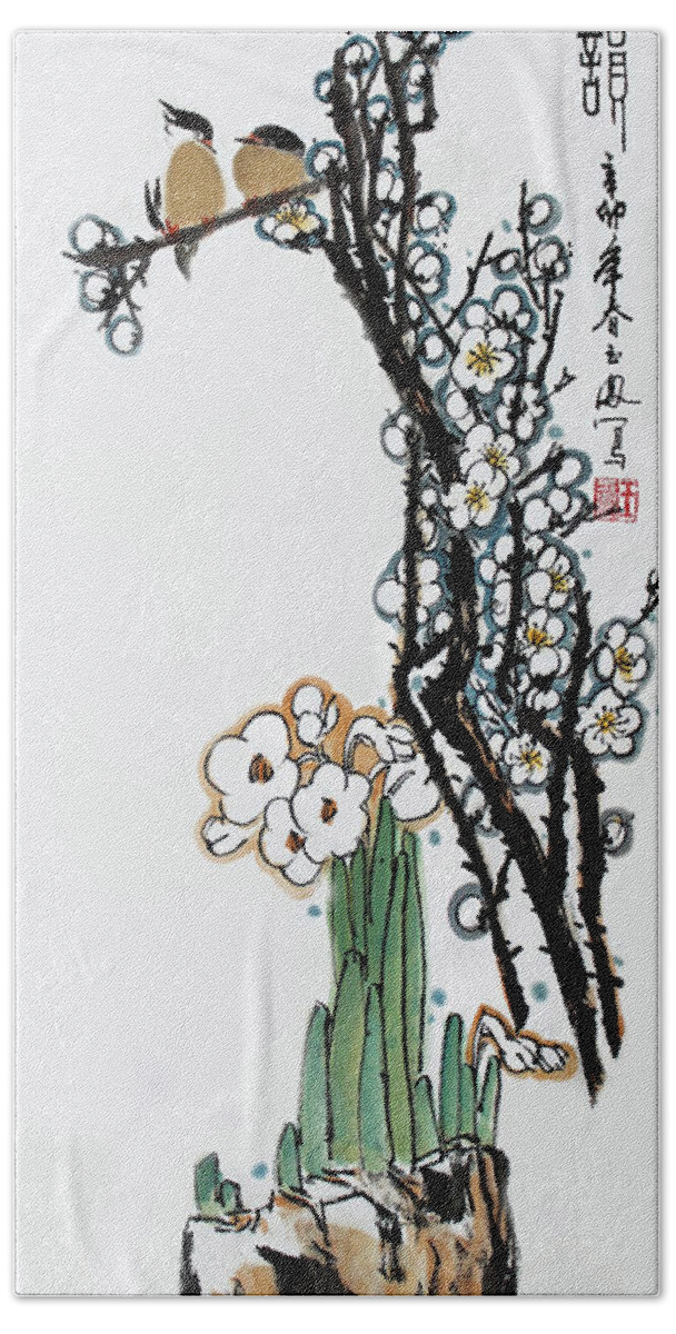 Birds Hand Towel featuring the photograph Spring Melody #3 by Yufeng Wang