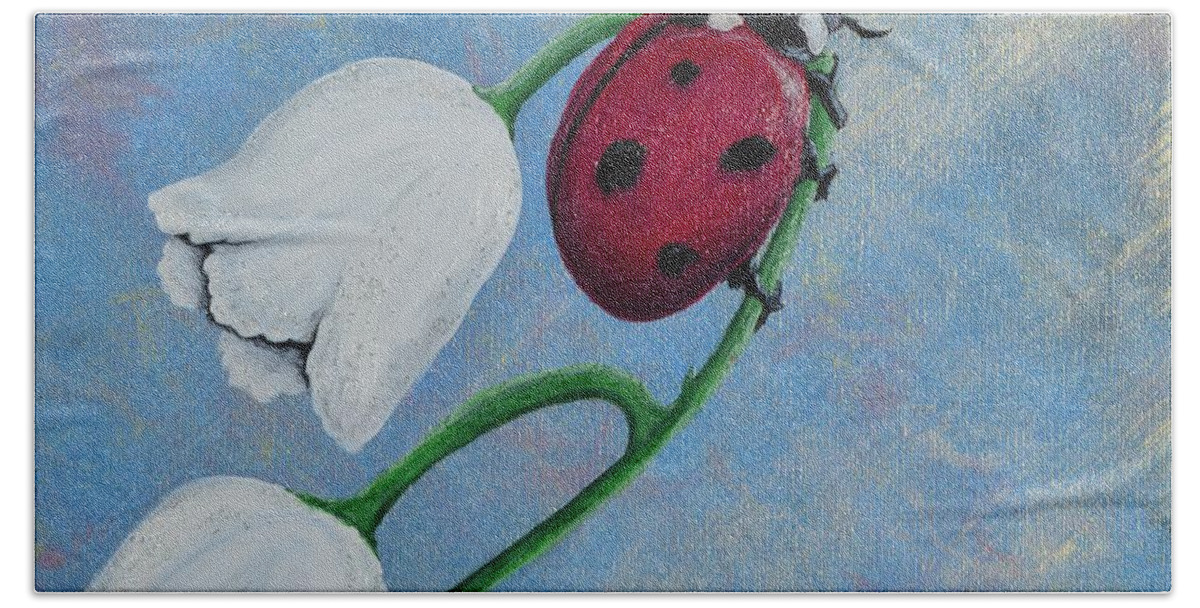 Ladybug Bath Towel featuring the painting Still holding on by Meganne Peck