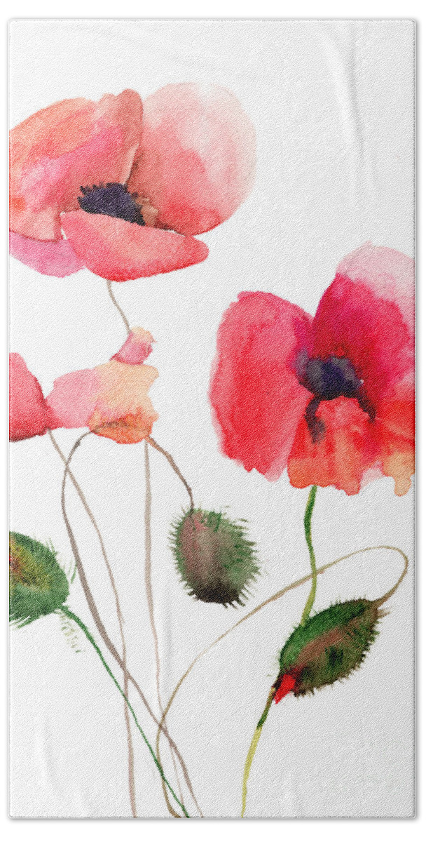 Art Bath Towel featuring the painting Stylized Poppy flowers illustration #1 by Regina Jershova