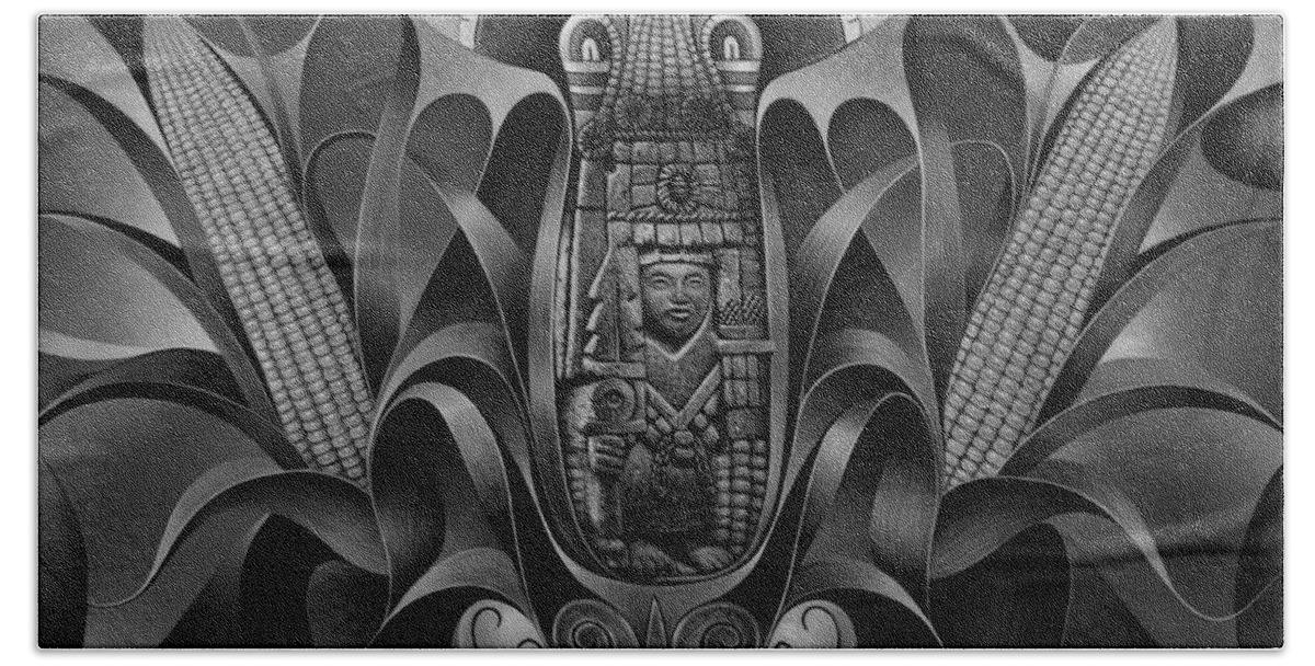 Aztec Bath Towel featuring the painting Tapestry of Gods - Chicomecoatl by Ricardo Chavez-Mendez