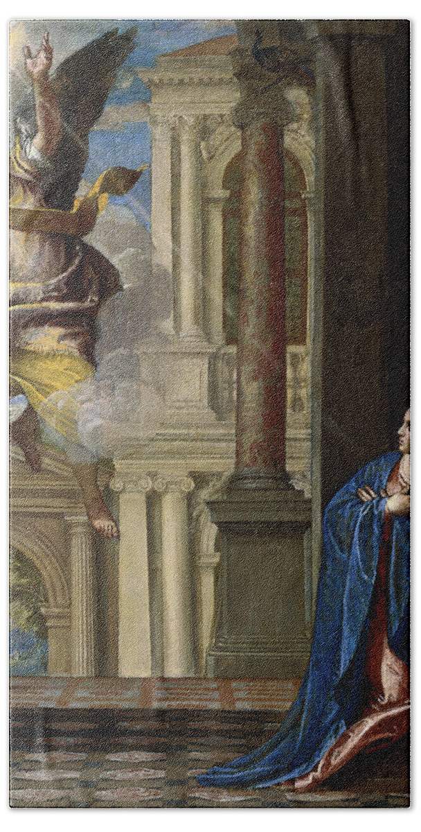Paolo Veronese Bath Towel featuring the painting The Annunciation #3 by Paolo Veronese