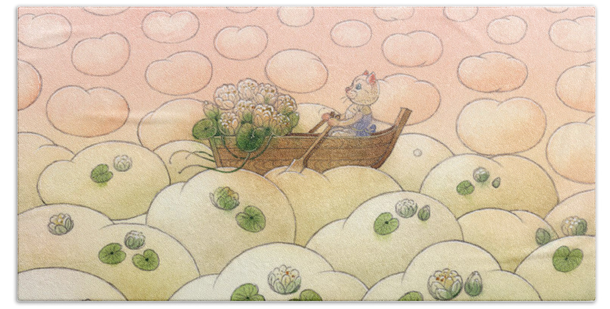 Sky Clouds Rose Cat Flowers Water Lilies Dream Boat Bath Towel featuring the painting The Dream Cat 04 by Kestutis Kasparavicius