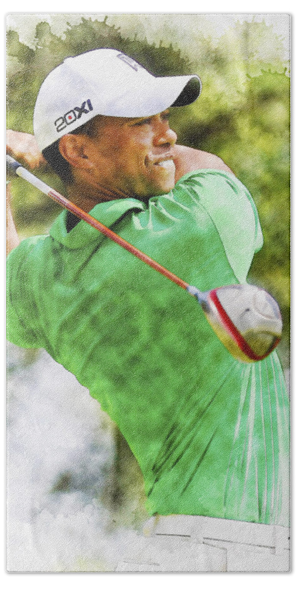 Watercolor Painting Hand Towel featuring the digital art Tiger Woods hits a drive by Don Kuing