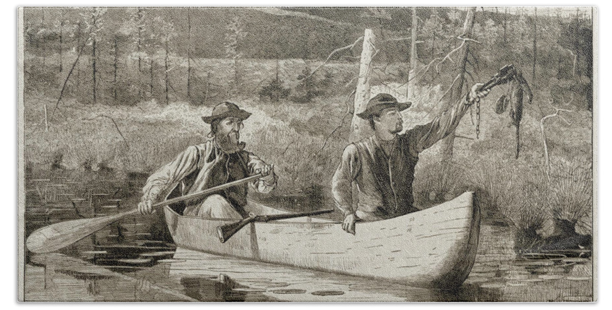 Winslow Homer Bath Towel featuring the painting Trapping in the Adirondacks #1 by Winslow Homer