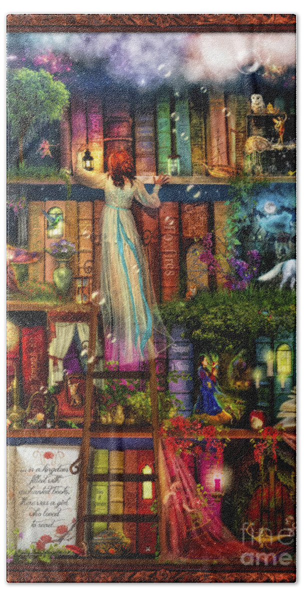 Aimee Stewart Bath Sheet featuring the digital art Treasure Hunt Book Shelf by MGL Meiklejohn Graphics Licensing