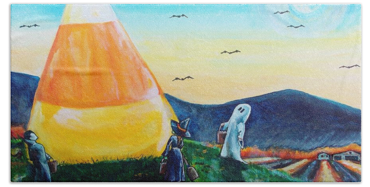 Halloween Hand Towel featuring the painting Trick or Treat? #1 by Shana Rowe Jackson