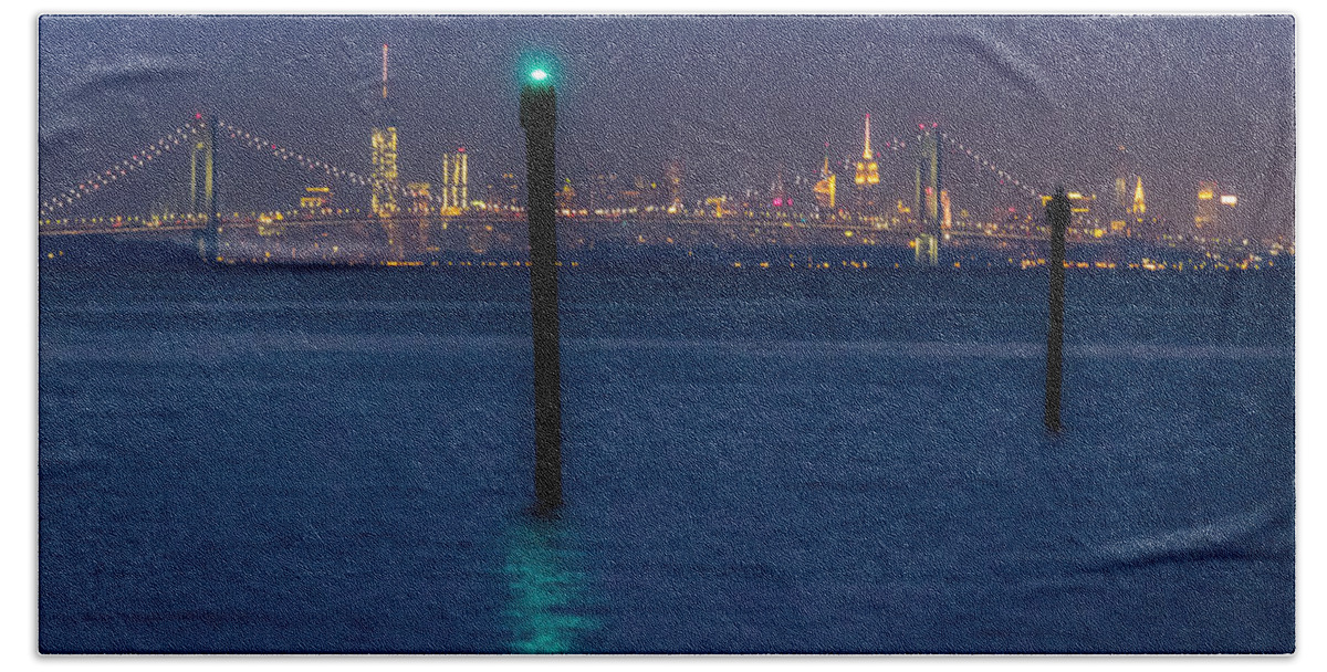 Bayshore Waterfront Hand Towel featuring the photograph Verrazano-Narrows bridge and NYC skyline from Port Monmouth #1 by SAURAVphoto Online Store