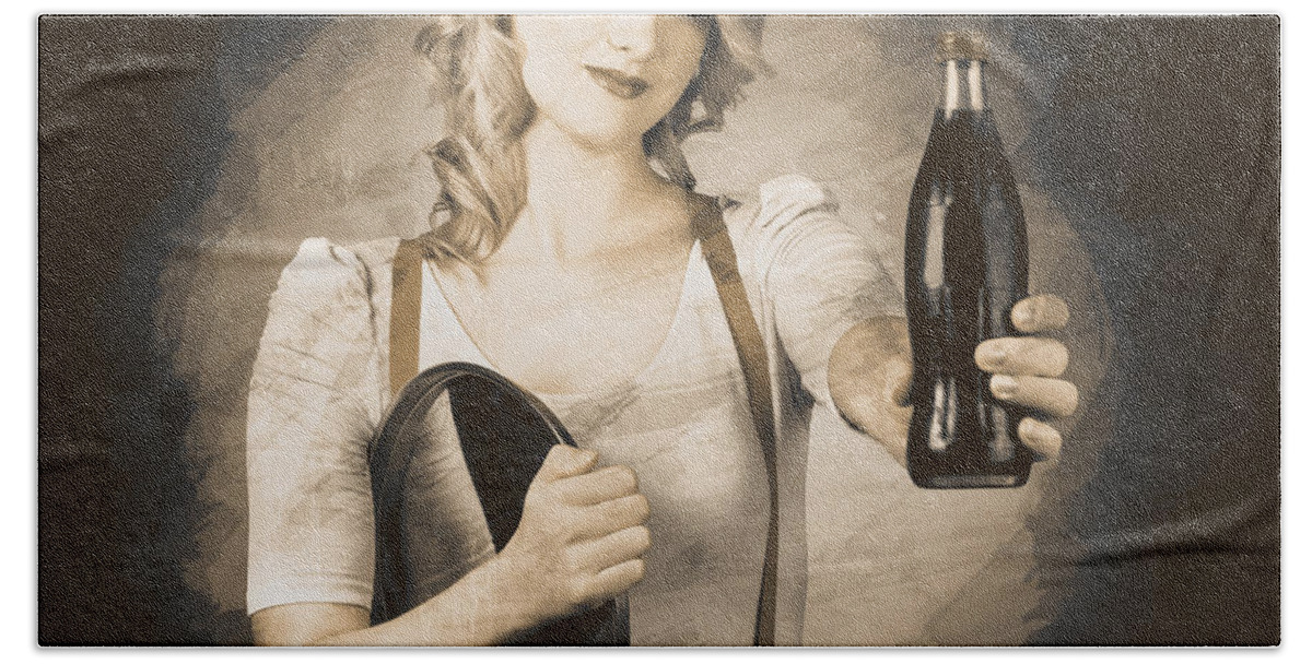 Retro Bath Towel featuring the photograph Vintage soda drink advert. Pinup with cola bottle #1 by Jorgo Photography