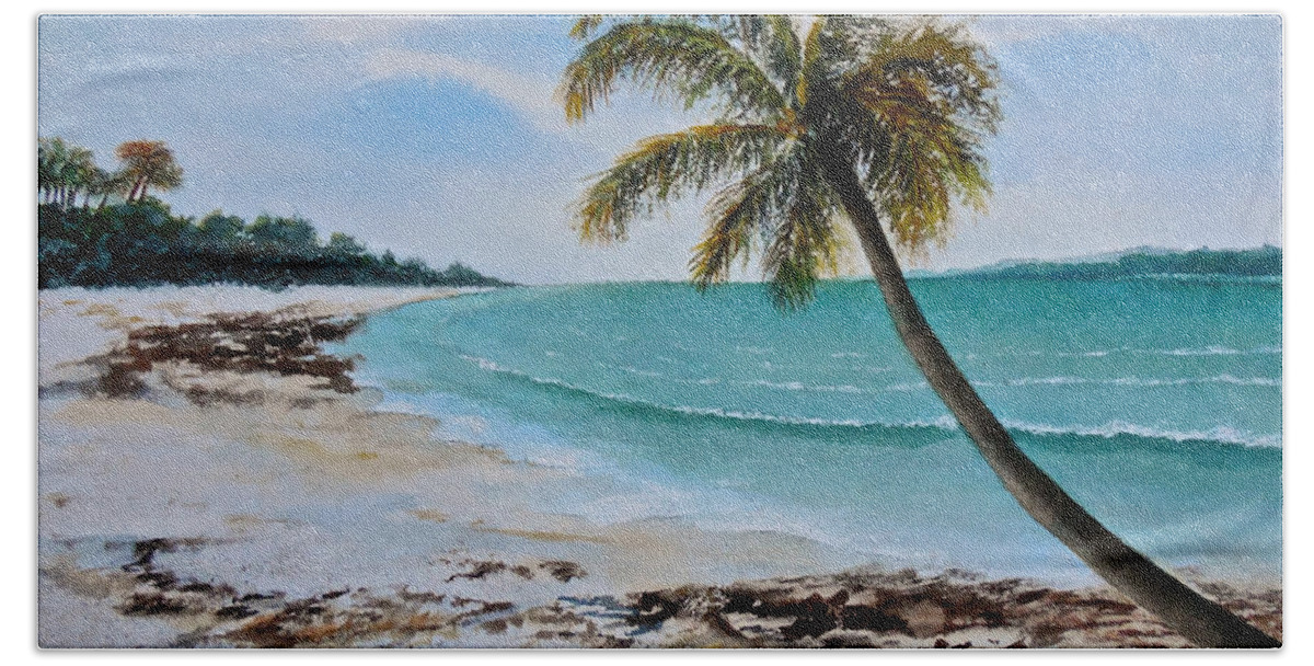 Water Colour Seascape Painting On Paper Of A Beach In Zanzibar Hand Towel featuring the painting West of Zanzibar by Sher Nasser