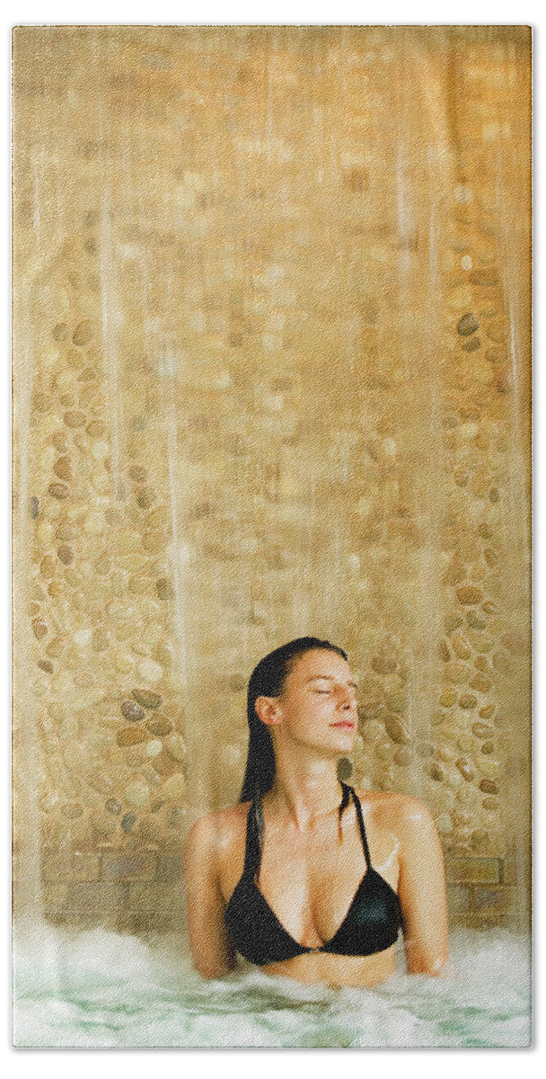 Woman Relaxing At A Spa In The Hot Tub Bath Towel by Corey Hendrickson -  Fine Art America