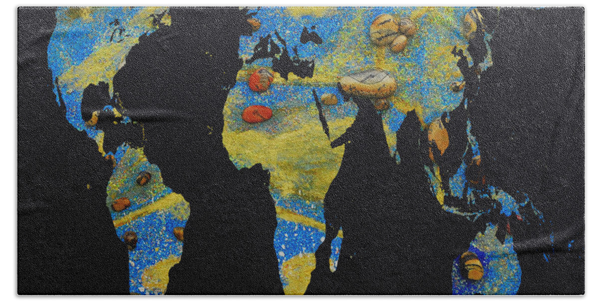 Augusta Stylianou Bath Towel featuring the digital art World Map and Leo Constellation #1 by Augusta Stylianou