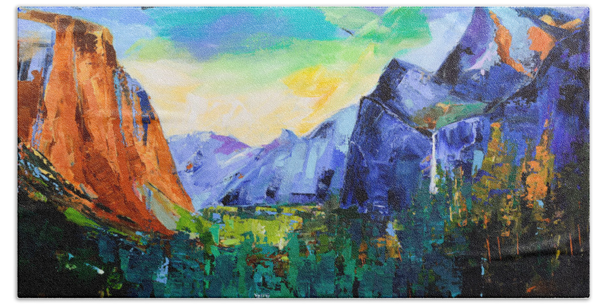 Yosemite Valley Hand Towel featuring the painting Yosemite Valley - Tunnel View by Elise Palmigiani