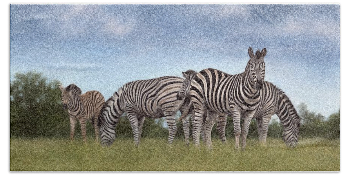 Zebras Hand Towel featuring the painting Zebras Painting by Rachel Stribbling