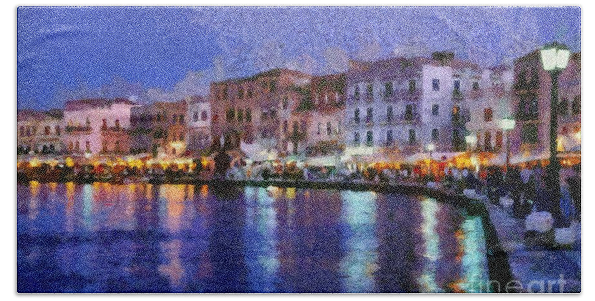 Chania; Hania; Crete; Kriti; Town; Old; City; Port; Harbor; Venetian; Greece; Hellas; Greek; Hellenic; Islands; Dusk; Twilight; Night; Lights; Sea; People; Tourists; Walk; Walking; Color; Colour; Colorful; Colourful; Light; Pole; Island; Hotels; Taverns; Restaurants; Holidays; Vacation; Travel; Trip; Voyage; Journey; Tourism; Touristic; Summer; Paint; Painting; Paintings; Reflection; Reflections Bath Towel featuring the painting Painting of the old port of Chania #1 by George Atsametakis