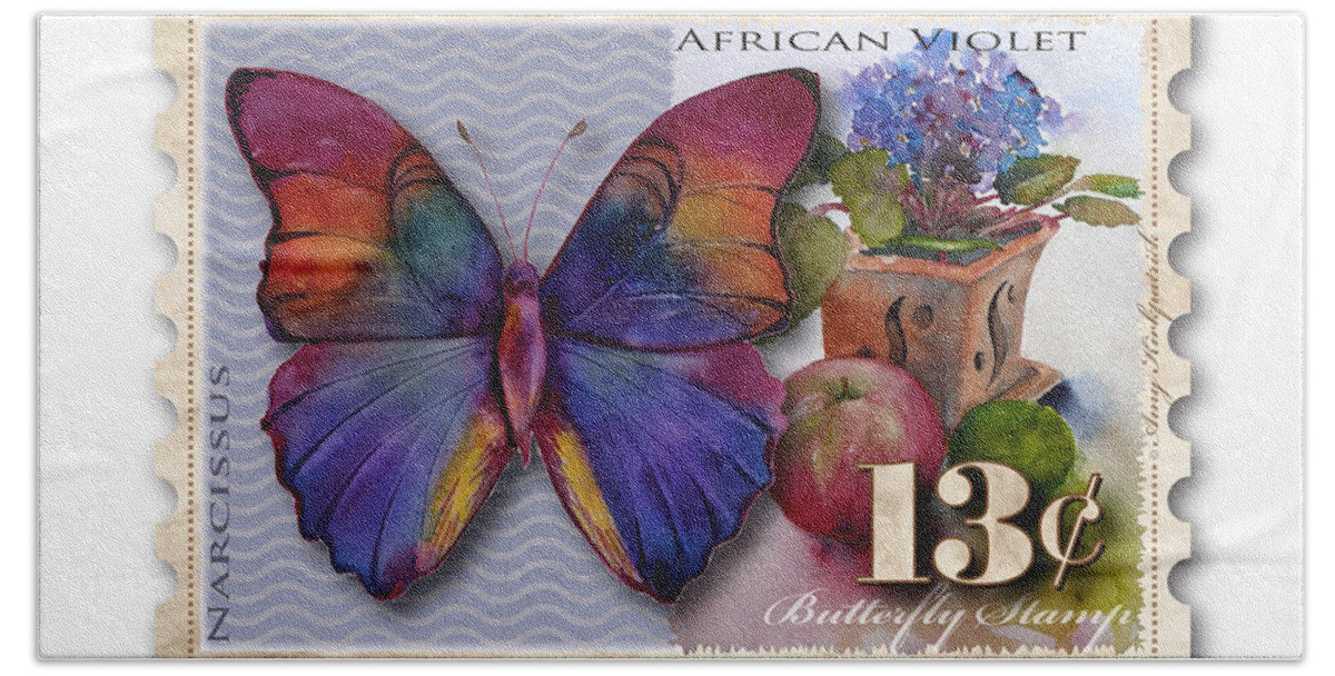 Butterfly Hand Towel featuring the painting 13 Cent Butterfly Stamp by Amy Kirkpatrick