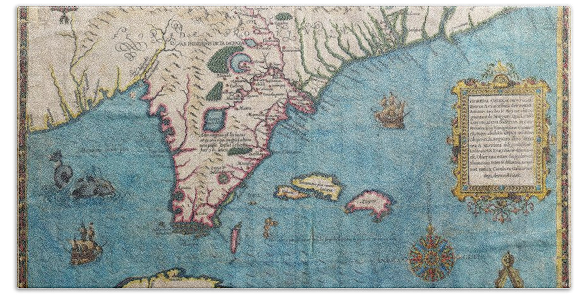 The Most Remarkable And Important Map Hand Towel featuring the photograph 1591 De Bry and Le Moyne Map of Florida and Cuba by Paul Fearn