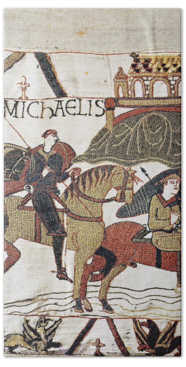 1066 Hand Towel featuring the tapestry - textile Bayeux Tapestry #19 by Granger