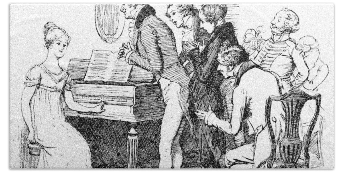 Entreaties Of Several; Illustration; Pride And Prejudice; Jane Austen; Illustrated; Edition; Elizabeth Bennet; Bennett; Asked To Sing; Playing; Piano; Piano-forte; Pianoforte; Character; Georgian; Musical Instrument; Performance; Evening Bath Towel featuring the drawing Scene from Pride and Prejudice by Jane Austen by Hugh Thomson