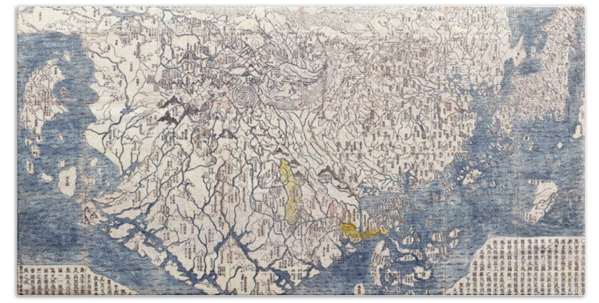 A Seminal Map. This Is The First Japanese Printed Map To Depict The World Hand Towel featuring the photograph 1710 First Japanese Buddhist Map of the World Showing Europe America and Africa by Paul Fearn