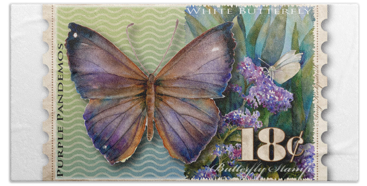 Butterfly Hand Towel featuring the painting 18 Cent Butterfly Stamp by Amy Kirkpatrick