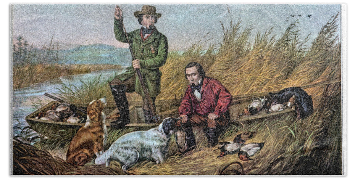Horizontal Hand Towel featuring the painting 1850s Wild Duck Shooting - Two Hunters by Vintage Images