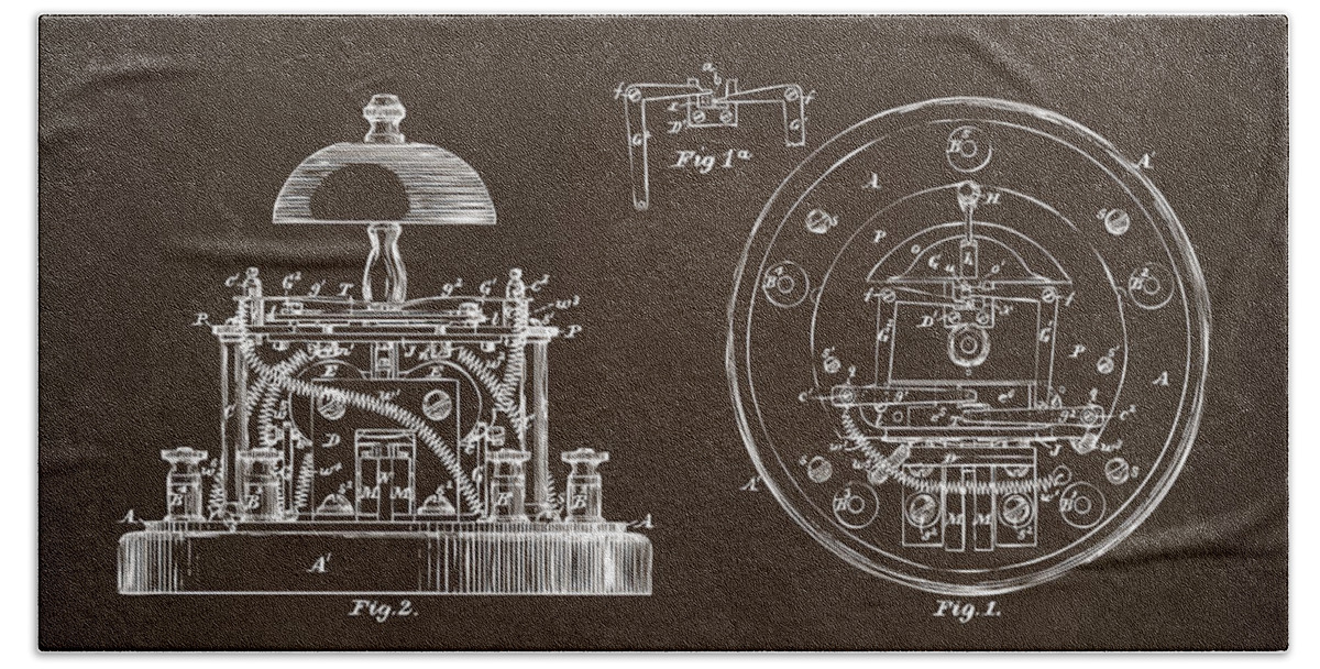Alexander Graham Bell Bath Towel featuring the digital art 1881 Alexander Graham Bell Electric Call Bell Patent Espresso by Nikki Marie Smith