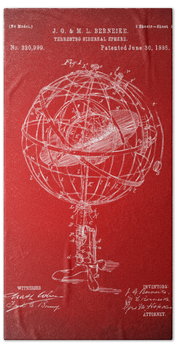 Globe Bath Towel featuring the digital art 1885 Terrestro Sidereal Sphere Patent Artwork - Red by Nikki Marie Smith