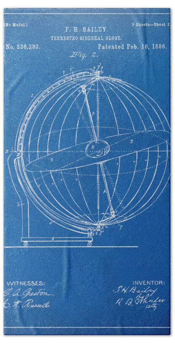 Globe Bath Towel featuring the digital art 1886 Terrestro Sidereal Globe Patent 2 Artwork - Blueprint by Nikki Marie Smith