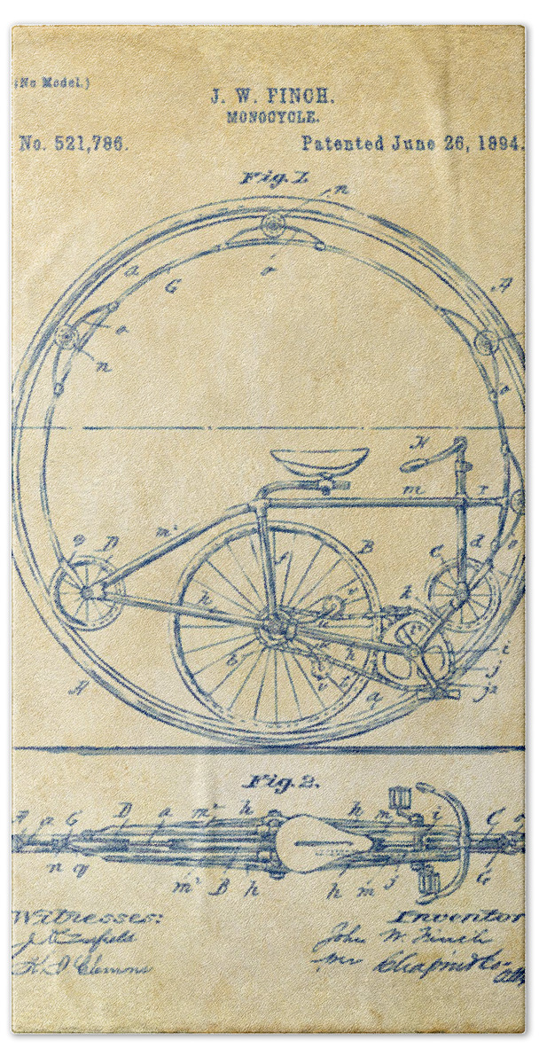Bicycle Bath Towel featuring the digital art 1894 Monocycle Patent Artwork Vintage by Nikki Marie Smith