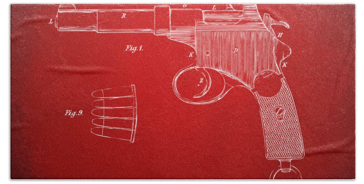 Gun Bath Towel featuring the digital art 1897 Mannlicher Pistol Patent Minimal - Red by Nikki Marie Smith