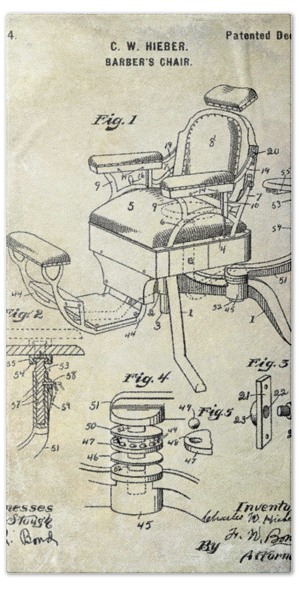 Barber Chair Patent Drawing Blueprint Bath Towel featuring the drawing 1901 Barber Chair Patent Drawing by Jon Neidert