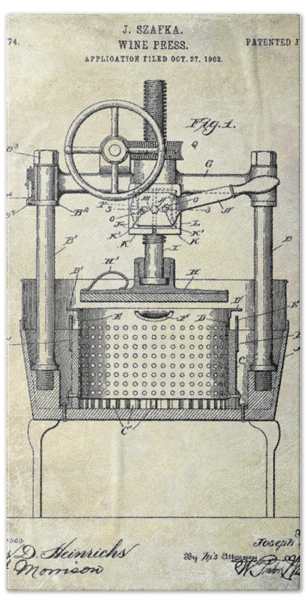Wine Press Bath Towel featuring the photograph 1902 Wine Press Patent Drawing by Jon Neidert