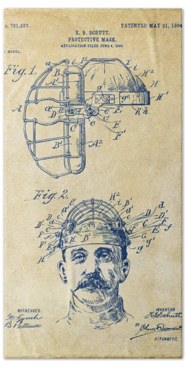 Baseball Hand Towel featuring the digital art 1904 Baseball Catchers Mask Patent Artwork - Vintage by Nikki Marie Smith