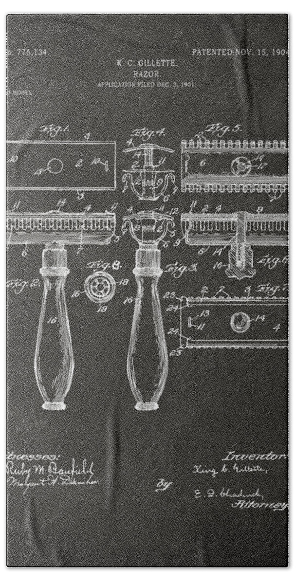 Gillette Bath Towel featuring the digital art 1904 Gillette Razor Patent Artwork - Gray by Nikki Marie Smith