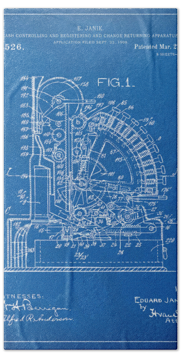 Cash Register Bath Sheet featuring the digital art 1910 Cash Register Patent Blueprint by Nikki Marie Smith