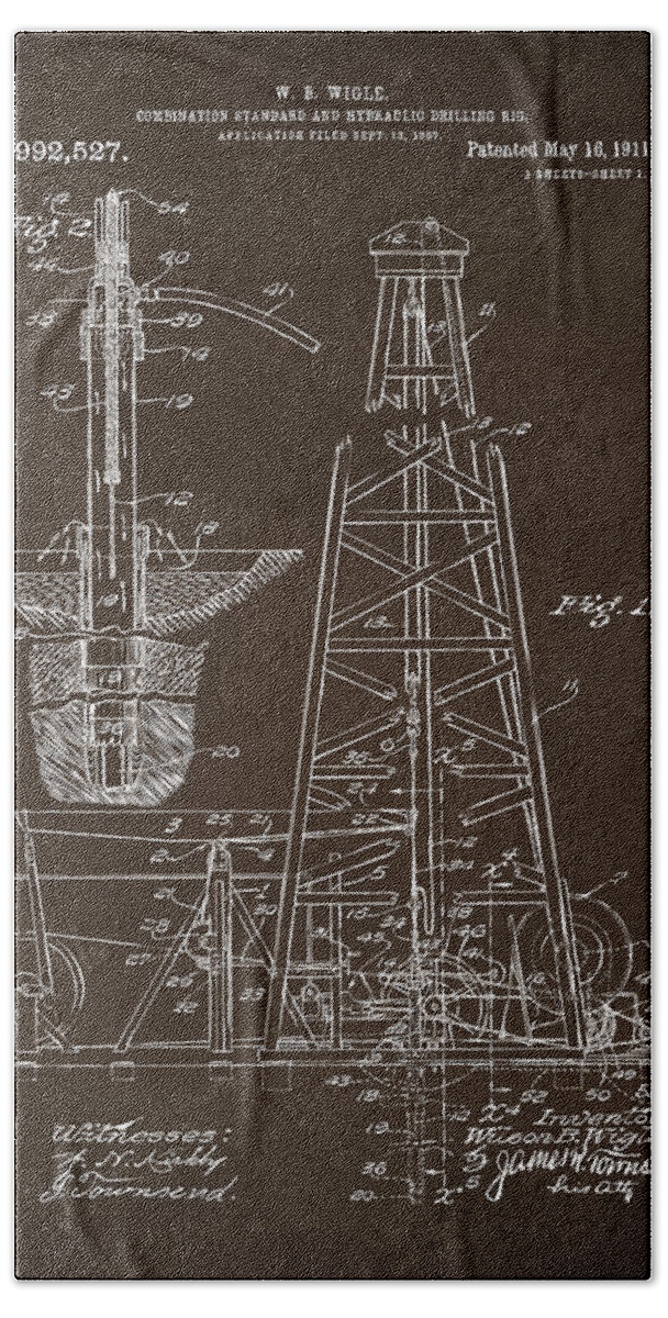 Oil Rig Bath Towel featuring the digital art 1911 Oil Drilling Rig Patent Artwork - Espresso by Nikki Marie Smith