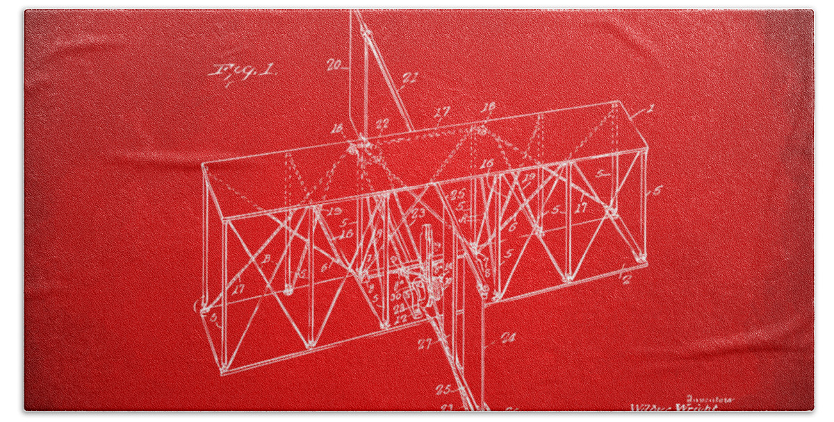 Wright Brothers Bath Towel featuring the digital art 1914 Wright Brothers Flying Machine Patent Red by Nikki Marie Smith