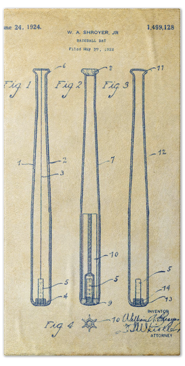 Baseball Bat Hand Towel featuring the digital art 1924 Baseball Bat Patent Artwork - Vintage by Nikki Marie Smith