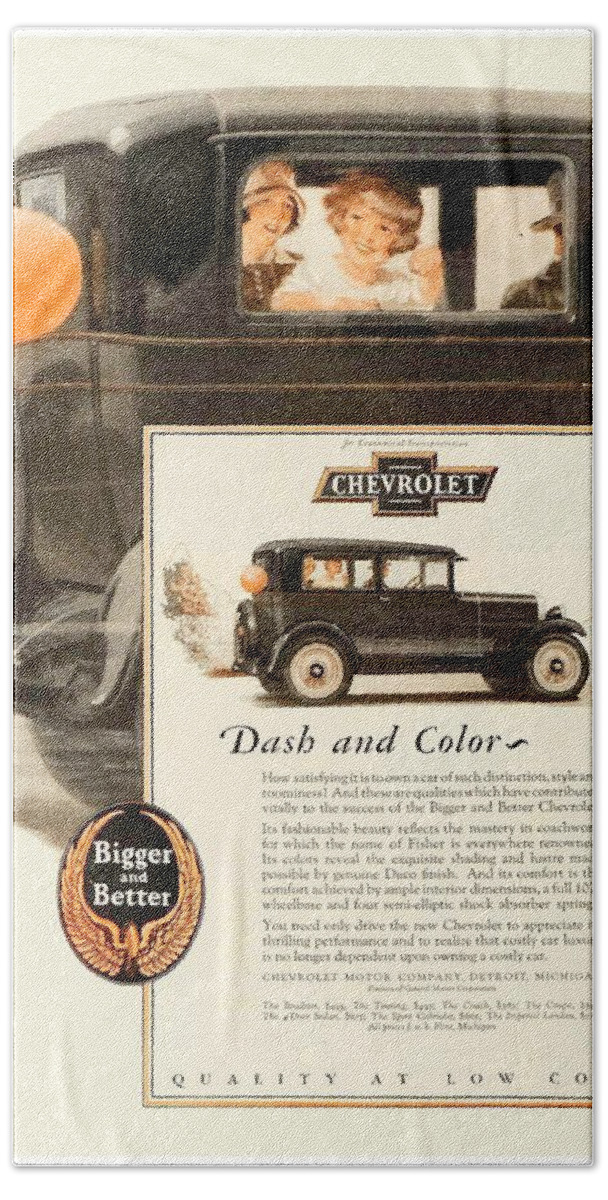 1928 Bath Towel featuring the digital art 1928 - Chevrolet Coupe Automobile Advertisement - Color by John Madison