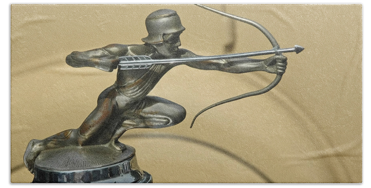 Antique Hand Towel featuring the photograph 1928 Pierce Arrow Helmeted Archer Hood Ornament by Ginger Wakem