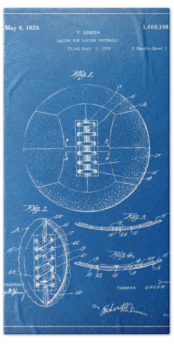 Soccer Bath Towel featuring the digital art 1928 Soccer Ball Lacing Patent Artwork - Blueprint by Nikki Marie Smith