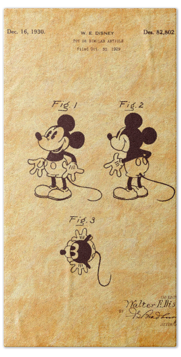 Mickey Mouse Bath Towel featuring the photograph 1930 Mickey Mouse Toy Patent Art by Barry Jones